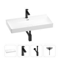 Раковина для ванной Wellsee Bromance 201003862 в наборе 4 в 1: раковина белого глянцевого цвета, смеситель, сифон, выпуск (цвет набора матовый черный)