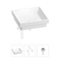 Раковина для ванной Wellsee Doux 201001125 в наборе 3 в 1: квадратная раковина белого глянцевого цвета, сифон, донный клапан в цвете матовый белый