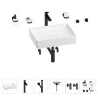 Раковина для ванной Wellsee Pure BY Wellsee 201006412 в наборе 9 в 1: раковина белого глянцевого цвета, высокий смеситель, сифон, выпуск, угловые вентили, аксессуары (цвет матовый черный)