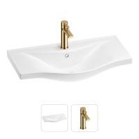 Раковина для ванной Wellsee Bisou 201000923 в наборе 2 в 1: полукруглая раковина белого глянцевого цвета, смеситель в цвете золото