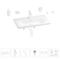 Раковина для ванной Wellsee FreeDom 201007070 в наборе 9 в 1: раковина белого глянцевого цвета, смеситель, сифон, донный клапан, угловые вентили, аксессуары (цвет набора матовый белый)