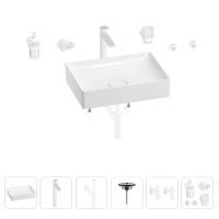 Раковина для ванной Wellsee Pure BY Wellsee 201006415 в наборе 9 в 1: раковина белого глянцевого цвета, высокий смеситель, сифон, выпуск, угловые вентили, аксессуары (цвет матовый белый)