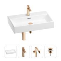Раковина для ванной Wellsee Graceful Pro 201002999 в наборе 4 в 1: раковина белого глянцевого цвета, смеситель, сифон, донный клапан (цвет набора розовое золото)