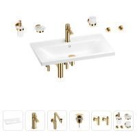 Раковина для ванной Wellsee FreeDom 201007098 в наборе 9 в 1: раковина белого глянцевого цвета, смеситель, сифон, донный клапан, угловые вентили, аксессуары (цвет набора золото)
