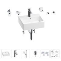 Раковина для ванной Wellsee Graceful Pro 201006681 в наборе 9 в 1: раковина белого глянцевого цвета, смеситель, сифон, донный клапан, угловые вентили, аксессуары (цвет набора хром)