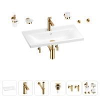 Раковина для ванной Wellsee FreeDom 201007053 в наборе 9 в 1: раковина белого глянцевого цвета, смеситель, сифон, донный клапан, угловые вентили, аксессуары (цвет набора золото)