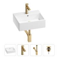 Раковина для ванной Wellsee Graceful Pro 201002913 в наборе 4 в 1: раковина белого глянцевого цвета, смеситель, сифон, донный клапан (цвет набора золото)