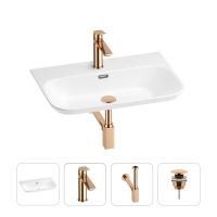 Раковина для ванной Wellsee Eclatant 2.0 201003764 в наборе 4 в 1: раковина белого глянцевого цвета, смеситель, сифон, донный клапан (цвет набора розовое золото)