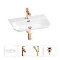 Раковина для ванной Wellsee Eclatant 2.0 201003754 в наборе 4 в 1: раковина белого глянцевого цвета, смеситель, сифон, донный клапан (цвет набора розовое золото)