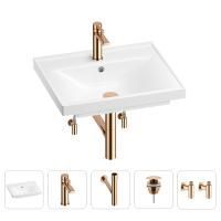 Раковина для ванной Wellsee FreeDom 201004854 в наборе 5 в 1: раковина белого глянцевого цвета, смеситель, сифон, донный клапан, угловые вентили (цвет набора розовое золото)
