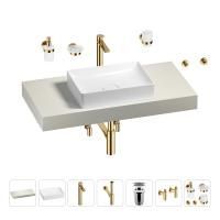 Раковина 50 см со столешницей 100 см Wellsee Pure BY Wellsee 201011193 в наборе 10 в 1: столешница, раковина, высокий смеситель, сифон, выпуск, кран-вентили, аксессуары (цвет золото)