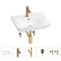 Раковина для ванной Wellsee FreeDom 201004788 в наборе 5 в 1: раковина белого глянцевого цвета, смеситель, сифон, донный клапан, угловые вентили (цвет набора золото)