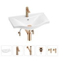 Раковина для ванной Wellsee Bisou 201005184 в наборе 5 в 1: раковина белого глянцевого цвета, смеситель, сифон, донный клапан, угловые вентили (цвет набора розовое золото)