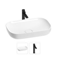 Раковина для ванной Wellsee Croquis 201000577 в наборе 2 в 1: овальная раковина белого глянцевого цвета, высокий смеситель в цвете матовый черный