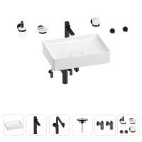 Раковина для ванной Wellsee Pure BY Wellsee 201006437 в наборе 9 в 1: раковина белого глянцевого цвета, высокий смеситель, сифон, выпуск, угловые вентили, аксессуары (цвет матовый черный)