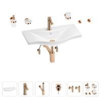 Раковина для ванной Wellsee Bisou 201007369 в наборе 9 в 1: раковина белого глянцевого цвета, смеситель, сифон, донный клапан, угловые вентили, аксессуары (цвет набора розовое золото)