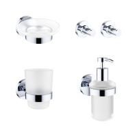 Акционный набор аксессуаров для ванной комнаты 5 в 1 Wellsee Finishing Touch 182511002: дозатор для жидкого мыла, мыльница, крючок 2 шт, стакан для зубных щеток и пасты (цвет хром)