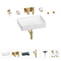 Раковина для ванной Wellsee Pure BY Wellsee 201006423 в наборе 8 в 1: раковина белого глянцевого цвета, встраиваемый смеситель, сифон, выпуск, аксессуары (цвет набора золото)