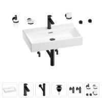 Раковина для ванной Wellsee Graceful Pro 201006722 в наборе 9 в 1: раковина белого глянцевого цвета, смеситель, сифон, донный клапан, угловые вентили, аксессуары (цвет набора матовый черный)