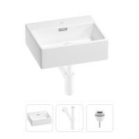 Раковина для ванной Wellsee Graceful Pro 201001305 в наборе 3 в 1: прямоугольная раковина белого глянцевого цвета, сифон, донный клапан в цвете матовый белый