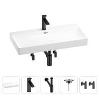 Раковина для ванной Wellsee Bromance 201005527 в наборе 5 в 1: раковина белого глянцевого цвета, смеситель, сифон, выпуск, угловые вентили (цвет набора матовый черный)