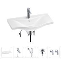 Раковина для ванной Wellsee Bisou 201005281 в наборе 5 в 1: раковина белого глянцевого цвета, смеситель, сифон, донный клапан, угловые вентили (цвет набора хром)