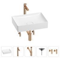 Раковина для ванной Wellsee Pure BY Wellsee 201004379 в наборе 5 в 1: раковина белого глянцевого цвета, высокий смеситель, сифон, выпуск, угловые вентили (цвет набора розовое золото)