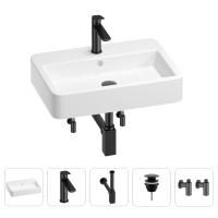 Раковина для ванной Wellsee Halcyon 201004487 в наборе 5 в 1: раковина белого глянцевого цвета, смеситель, сифон, донный клапан, угловые вентили (цвет набора матовый черный)
