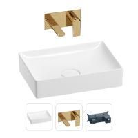 Раковина для ванной Wellsee Pure BY Wellsee 201000728 в наборе 2 в 1: прямоугольная раковина белого глянцевого цвета, встраиваемый смеситель в цвете золото