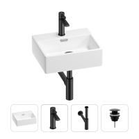 Раковина для ванной Wellsee Graceful Pro 201002887 в наборе 4 в 1: раковина белого глянцевого цвета, смеситель, сифон, донный клапан (цвет набора матовый черный)