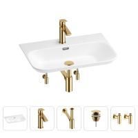 Раковина для ванной Wellsee Eclatant 2.0 201005428 в наборе 5 в 1: раковина белого глянцевого цвета, смеситель, сифон, донный клапан, угловые вентили (цвет набора золото)