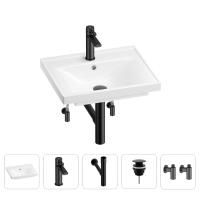 Раковина для ванной Wellsee FreeDom 201004752 в наборе 5 в 1: раковина белого глянцевого цвета, смеситель, сифон, донный клапан, угловые вентили (цвет набора матовый черный)