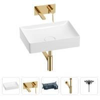 Раковина для ванной Wellsee Pure BY Wellsee 201002678 в наборе 4 в 1: раковина белого глянцевого цвета, встраиваемый смеситель, сифон, выпуск (цвет набора золото)