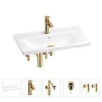 Раковина для ванной Wellsee FreeDom 201004968 в наборе 5 в 1: раковина белого глянцевого цвета, смеситель, сифон, донный клапан, угловые вентили (цвет набора золото)