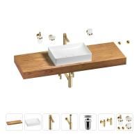 Раковина 50 см со столешницей 140 см Wellsee Pure BY Wellsee 201011478 в наборе 10 в 1: столешница, раковина, высокий смеситель, сифон, выпуск, кран-вентили, аксессуары (цвет золото)