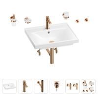 Раковина для ванной Wellsee FreeDom 201006979 в наборе 9 в 1: раковина белого глянцевого цвета, смеситель, сифон, донный клапан, угловые вентили, аксессуары (цвет набора розовое золото)