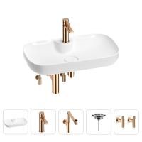 Раковина для ванной Wellsee Croquis 2.0 201004099 в наборе 5 в 1: раковина белого глянцевого цвета, смеситель, сифон, выпуск, угловые вентили (цвет набора розовое золото)