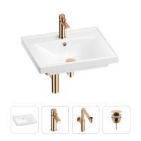 Раковина для ванной Wellsee FreeDom 201003199 в наборе 4 в 1: раковина белого глянцевого цвета, смеситель, сифон, донный клапан (цвет набора розовое золото)
