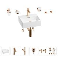 Раковина для ванной Wellsee Graceful Pro 201006639 в наборе 9 в 1: раковина белого глянцевого цвета, смеситель, сифон, донный клапан, угловые вентили, аксессуары (цвет набора розовое золото)