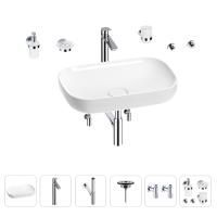 Раковина для ванной Wellsee Croquis 201005686 в наборе 9 в 1: раковина белого глянцевого цвета, высокий смеситель, сифон, выпуск, угловые вентили, аксессуары (цвет хром)