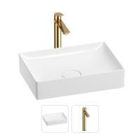 Раковина для ванной Wellsee Pure BY Wellsee 201000718 в наборе 2 в 1: прямоугольная раковина белого глянцевого цвета, высокий смеситель в цвете золото