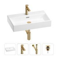 Раковина для ванной Wellsee Graceful Pro 201002953 в наборе 4 в 1: раковина белого глянцевого цвета, смеситель, сифон, донный клапан (цвет набора золото)