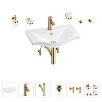 Раковина для ванной Wellsee Bisou 201007273 в наборе 9 в 1: раковина белого глянцевого цвета, смеситель, сифон, донный клапан, угловые вентили, аксессуары (цвет набора золото)