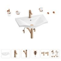 Раковина для ванной Wellsee Bisou 201007279 в наборе 9 в 1: раковина белого глянцевого цвета, смеситель, сифон, донный клапан, угловые вентили, аксессуары (цвет набора розовое золото)