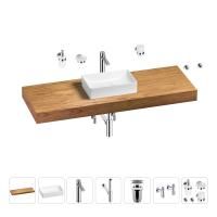 Раковина 42 см со столешницей 140 см Wellsee Pure BY Wellsee 201011011 в наборе 10 в 1: столешница, раковина, высокий смеситель, сифон, выпуск, кран-вентили, аксессуары (цвет хром)