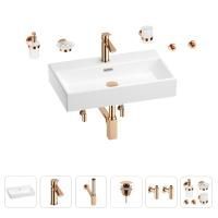 Раковина для ванной Wellsee Graceful Pro 201006714 в наборе 9 в 1: раковина белого глянцевого цвета, смеситель, сифон, донный клапан, угловые вентили, аксессуары (цвет набора розовое золото)