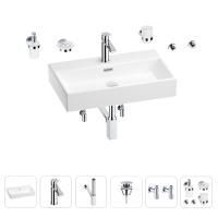 Раковина для ванной Wellsee Graceful Pro 201006711 в наборе 9 в 1: раковина белого глянцевого цвета, смеситель, сифон, донный клапан, угловые вентили, аксессуары (цвет набора хром)