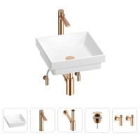 Раковина для ванной Wellsee Doux 201004159 в наборе 5 в 1: раковина белого глянцевого цвета, высокий смеситель, сифон, донный клапан, угловые вентили (цвет набора розовое золото)
