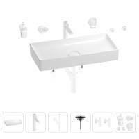 Раковина для ванной Wellsee Pure BY Wellsee 201006520 в наборе 9 в 1: раковина белого глянцевого цвета, высокий смеситель, сифон, выпуск, угловые вентили, аксессуары (цвет матовый белый)