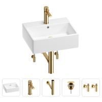 Раковина для ванной Wellsee Graceful Pro 201004603 в наборе 5 в 1: раковина белого глянцевого цвета, смеситель, сифон, донный клапан, угловые вентили (цвет набора золото)